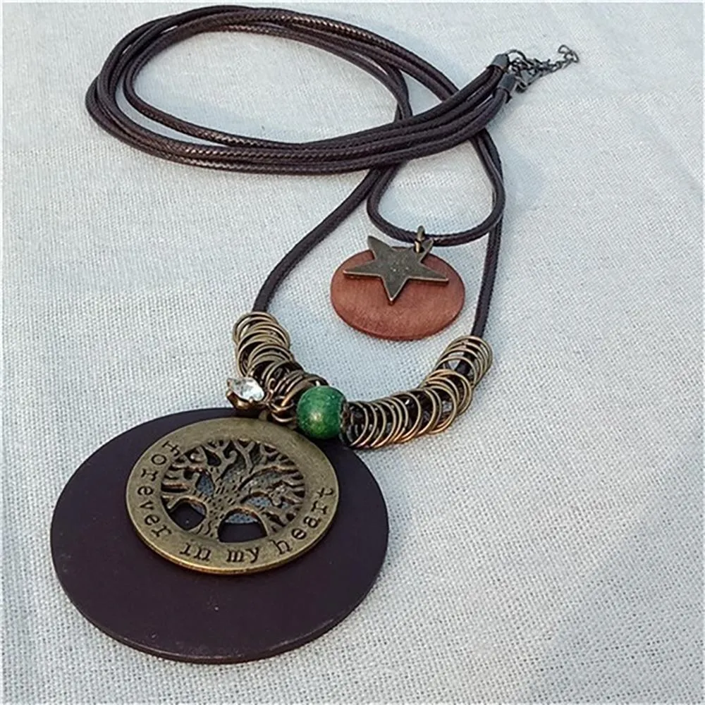 Vintage Round Wooden Statement Necklace