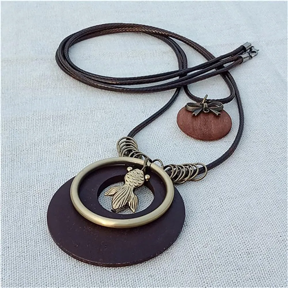 Vintage Round Wooden Statement Necklace