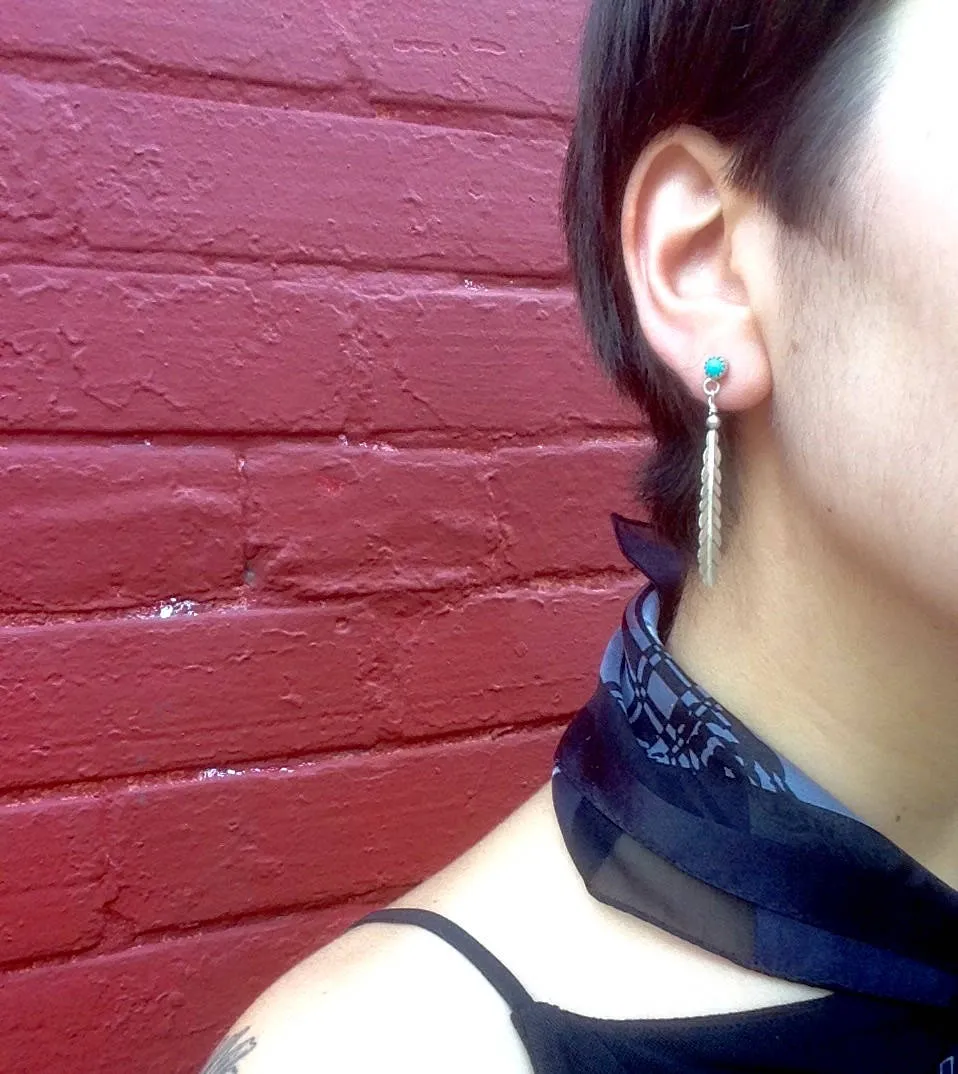 Vintage Silver Feather Earrings | Boho Feather Jewlery | Turquoise Stone Earrings | Southwestern Silver | Vintage Dangle Earrings