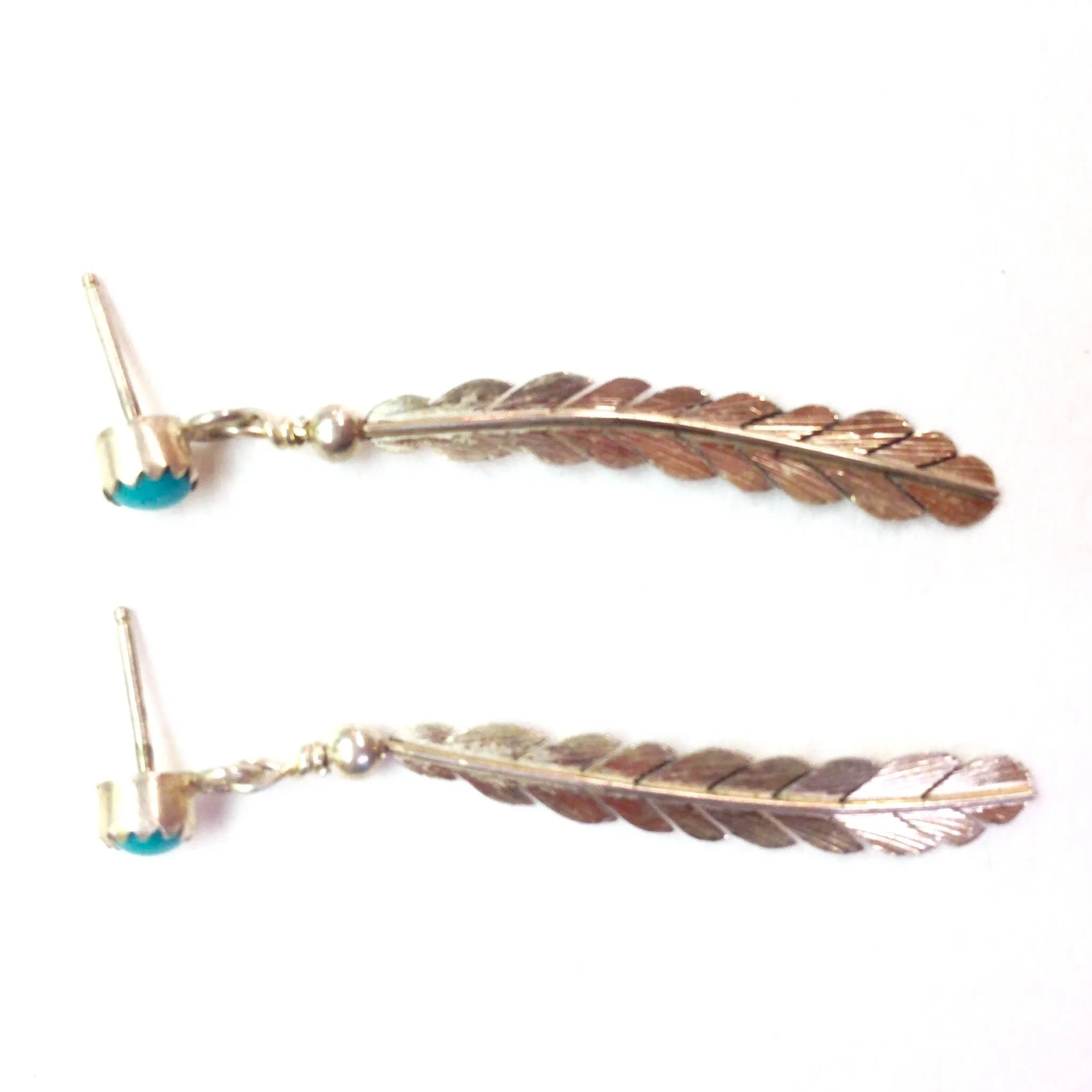 Vintage Silver Feather Earrings | Boho Feather Jewlery | Turquoise Stone Earrings | Southwestern Silver | Vintage Dangle Earrings
