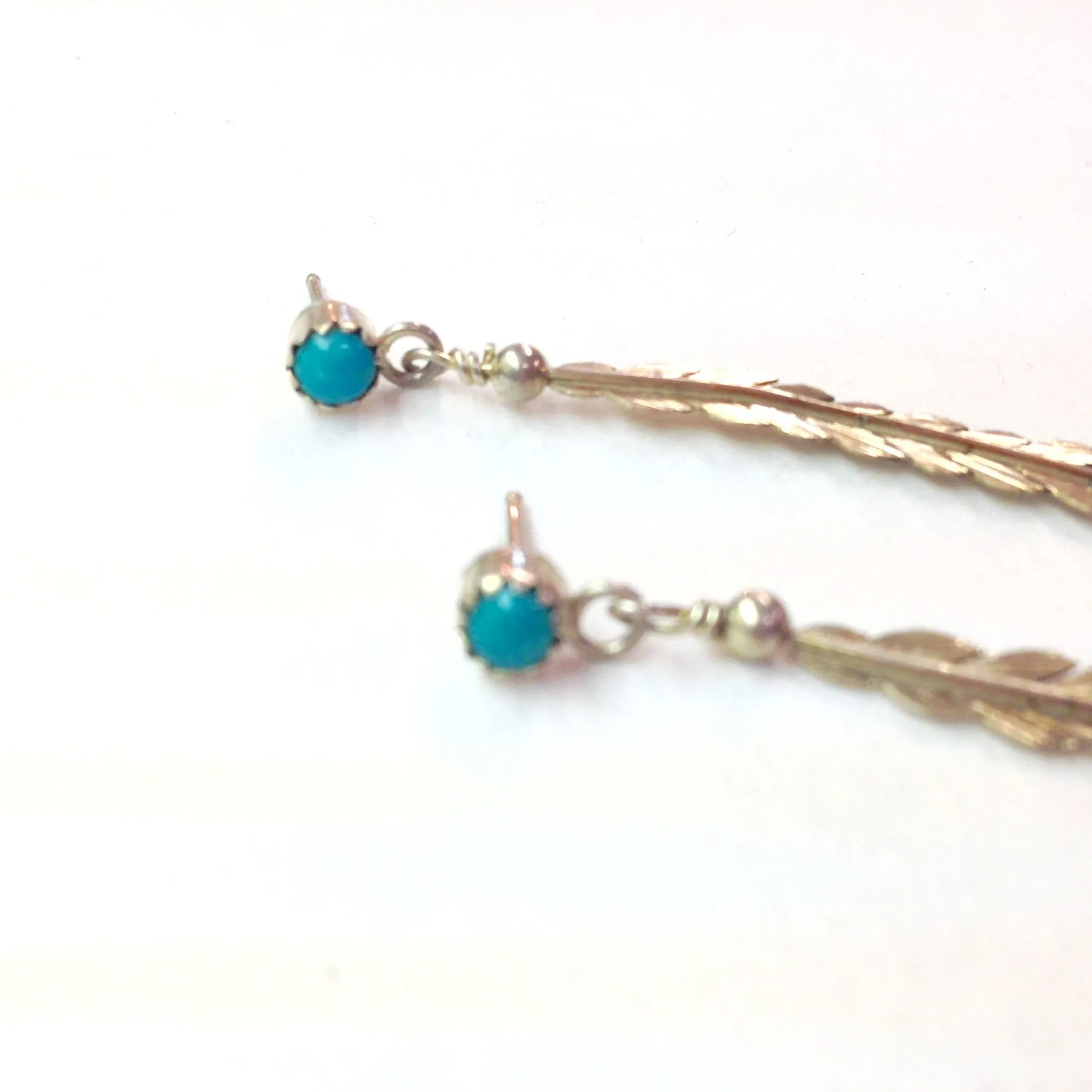 Vintage Silver Feather Earrings | Boho Feather Jewlery | Turquoise Stone Earrings | Southwestern Silver | Vintage Dangle Earrings