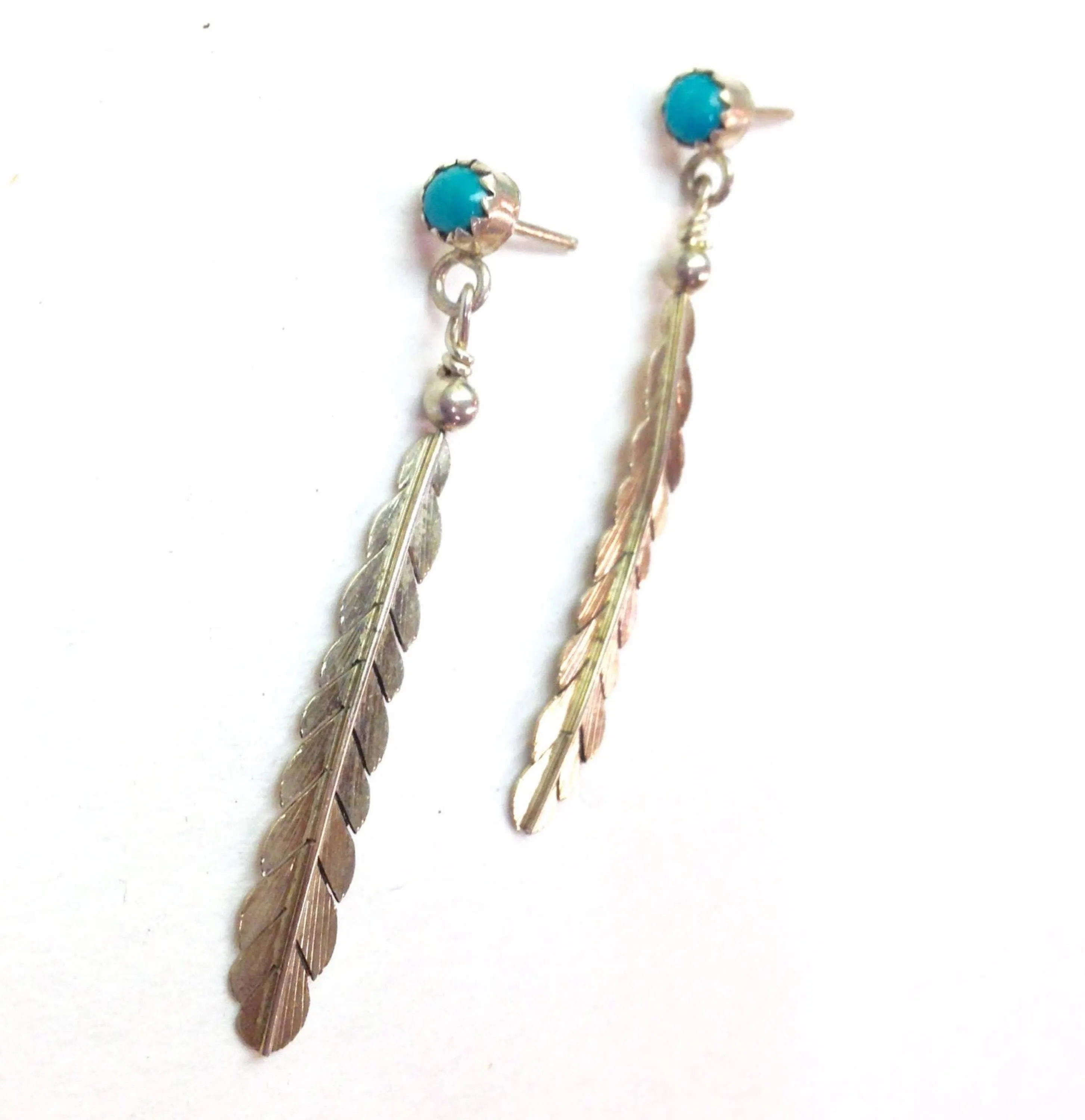 Vintage Silver Feather Earrings | Boho Feather Jewlery | Turquoise Stone Earrings | Southwestern Silver | Vintage Dangle Earrings