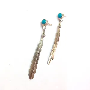 Vintage Silver Feather Earrings | Boho Feather Jewlery | Turquoise Stone Earrings | Southwestern Silver | Vintage Dangle Earrings