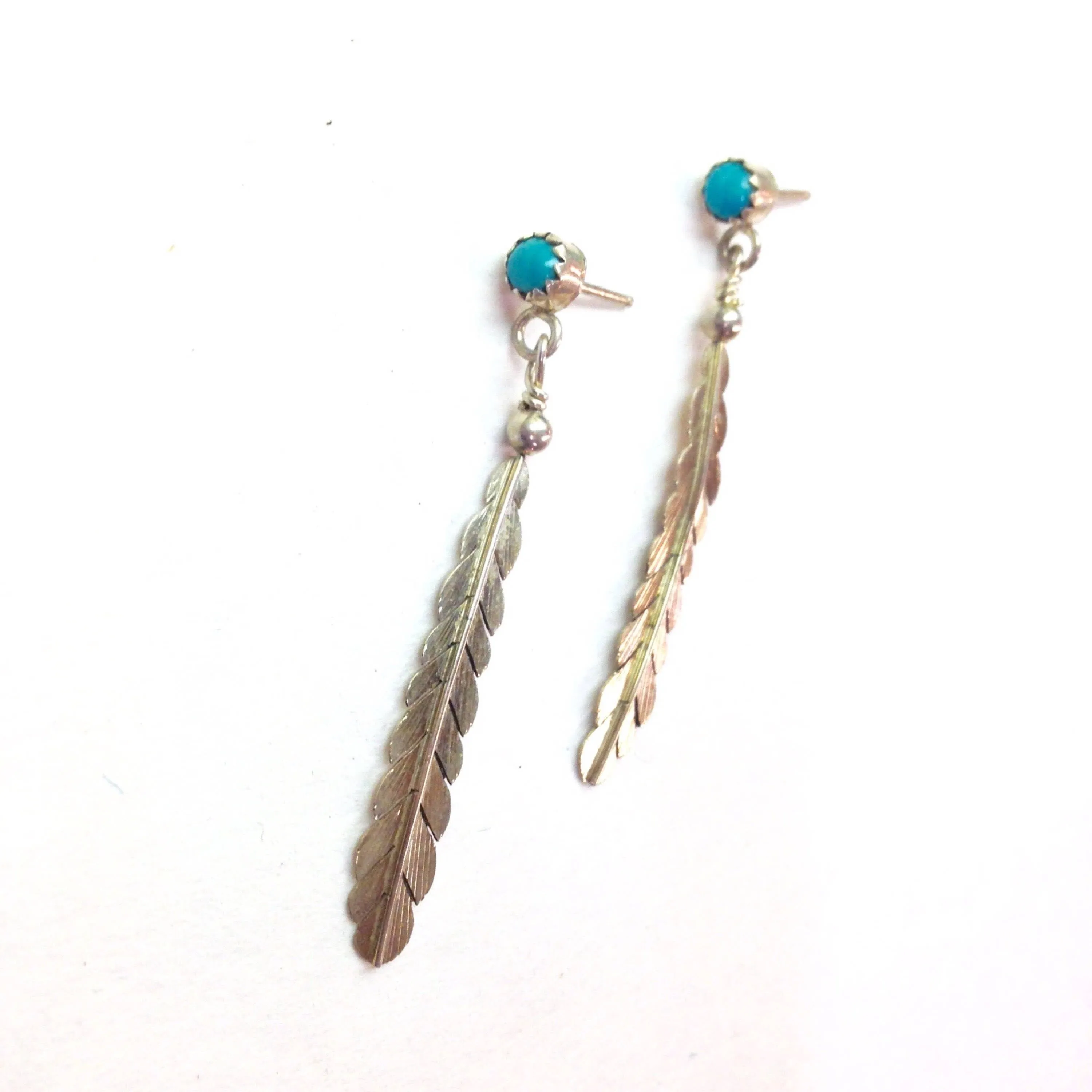 Vintage Silver Feather Earrings | Boho Feather Jewlery | Turquoise Stone Earrings | Southwestern Silver | Vintage Dangle Earrings