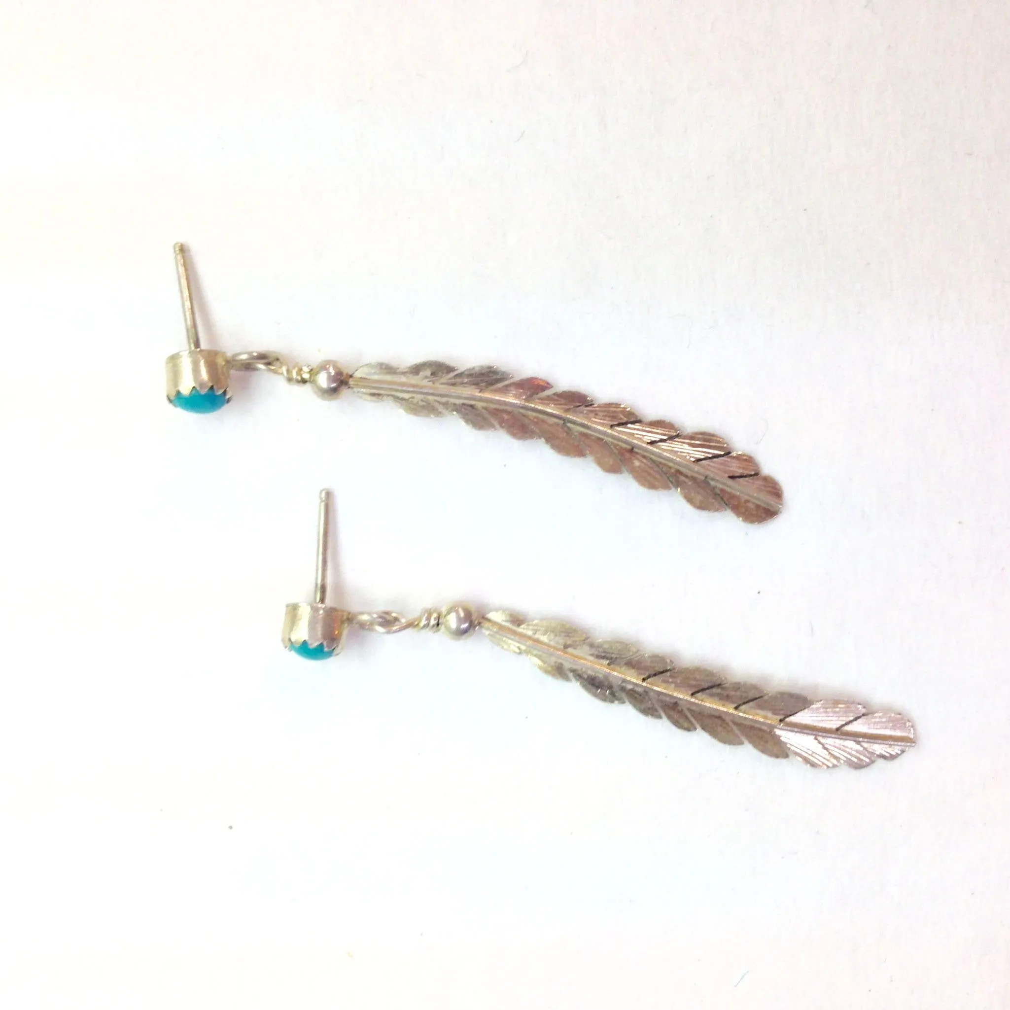 Vintage Silver Feather Earrings | Boho Feather Jewlery | Turquoise Stone Earrings | Southwestern Silver | Vintage Dangle Earrings