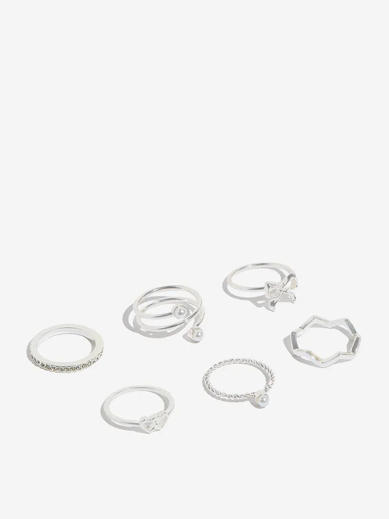 Westside Accessories Silver Studded and Bow Motif Rings Set - Pack of 6