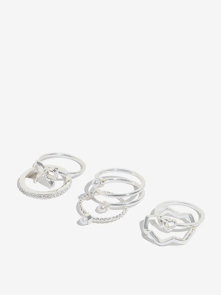 Westside Accessories Silver Studded and Bow Motif Rings Set - Pack of 6