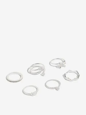 Westside Accessories Silver Studded and Bow Motif Rings Set - Pack of 6