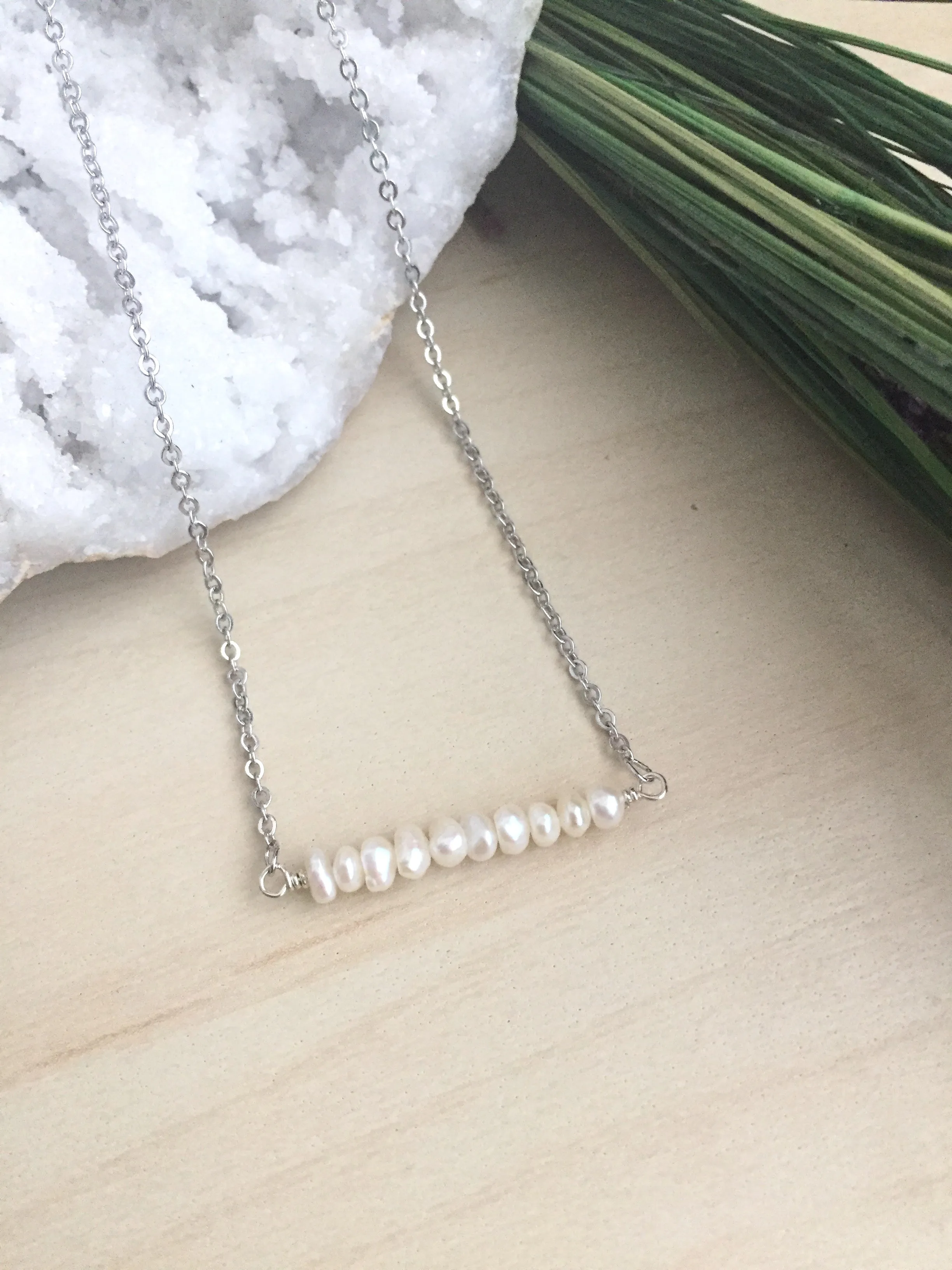 White Pearl Bar Necklace