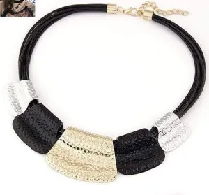 Womens Leather Cord Black Gold Silver Accent Statement Necklace